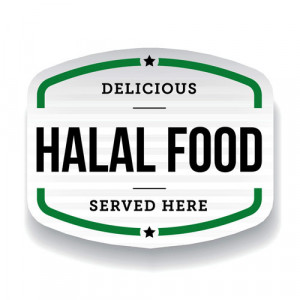 Signage with "Delicious Halal food served here"