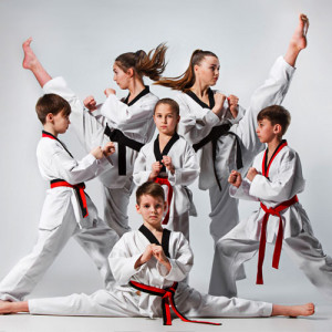 Studio shot of group of kids showing some Karate moves