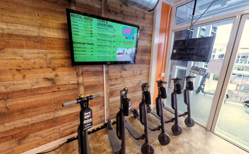 Six electronic scooters availabe for rent in Atomic Scooter Rentals and Tours, perfect for a fun adventure for Vegas tourists