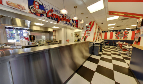 Kitchen counter and dining area of American Coney Island Las Vegas