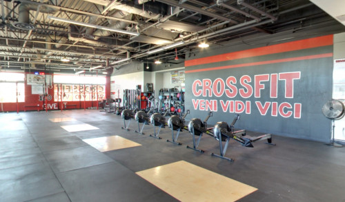 Exercise equipments aligned inside CrossFit Veni Vidi Vici fitness gym in Henderson, Nevada