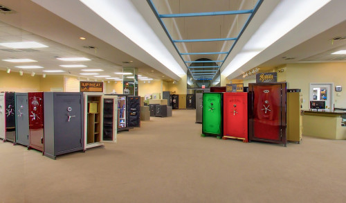 Steel vaults in different colors displayed in the showroom of The Safe Keeper - safe & vault shop in Nevada