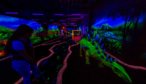Huge dinosaur displays seen upon entering Rex Center, an amusement center in Las Vegas