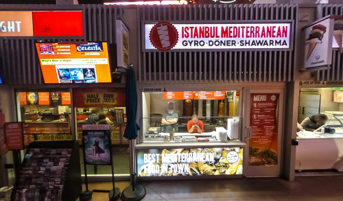 Compact food stand of Istanbul Mediterranean (Halal) in the Las Vegas Strip, serving gyros, doners, shawarmas & other Mediterranean fares