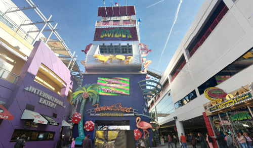 undefined The SlotZilla Zip Line with its colorful lights and other establishments surround this slot machine inspired ride & tourist attraction in Fremont St. Las Vegas
