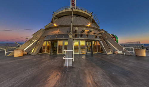 Las Vegas Entrance to the Skypod of Stratosphere Tower in Vegas with an overlooking sunset view of The Strip